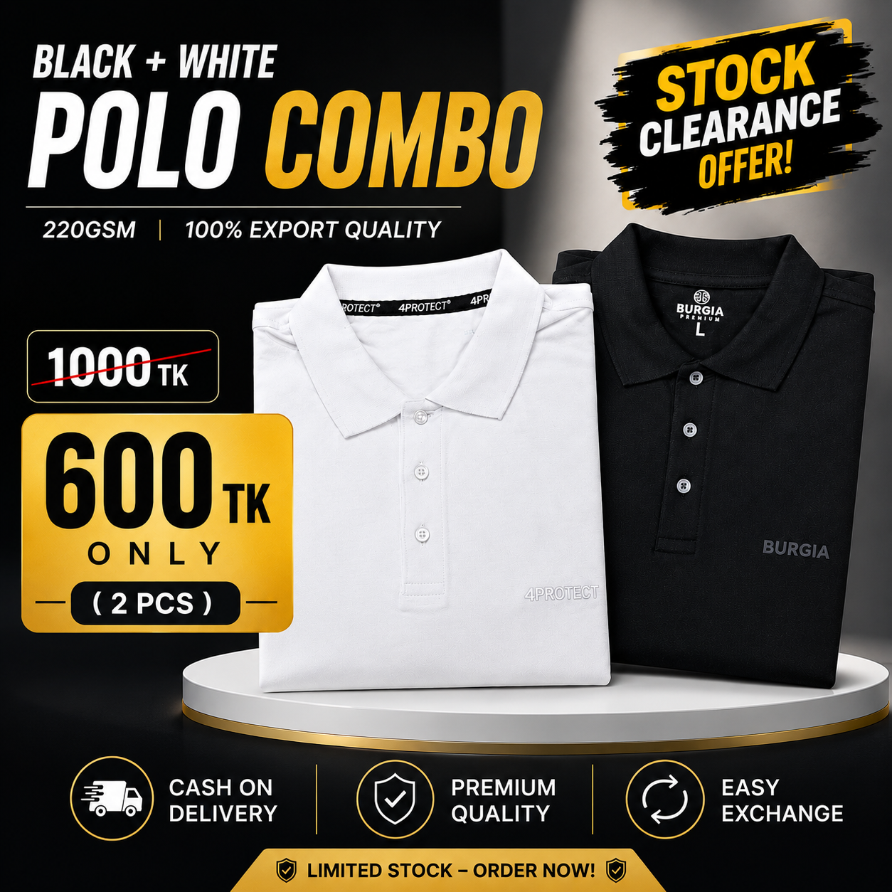 Black & White Premium Polo Shirt Combo (2 Pcs) – 220 GSM | 100% Export Quality