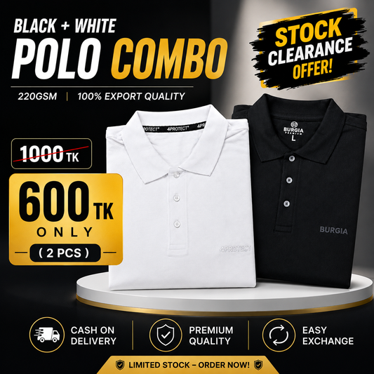 Black & White Premium Polo Shirt Combo (2 Pcs) – 220 GSM | 100% Export Quality